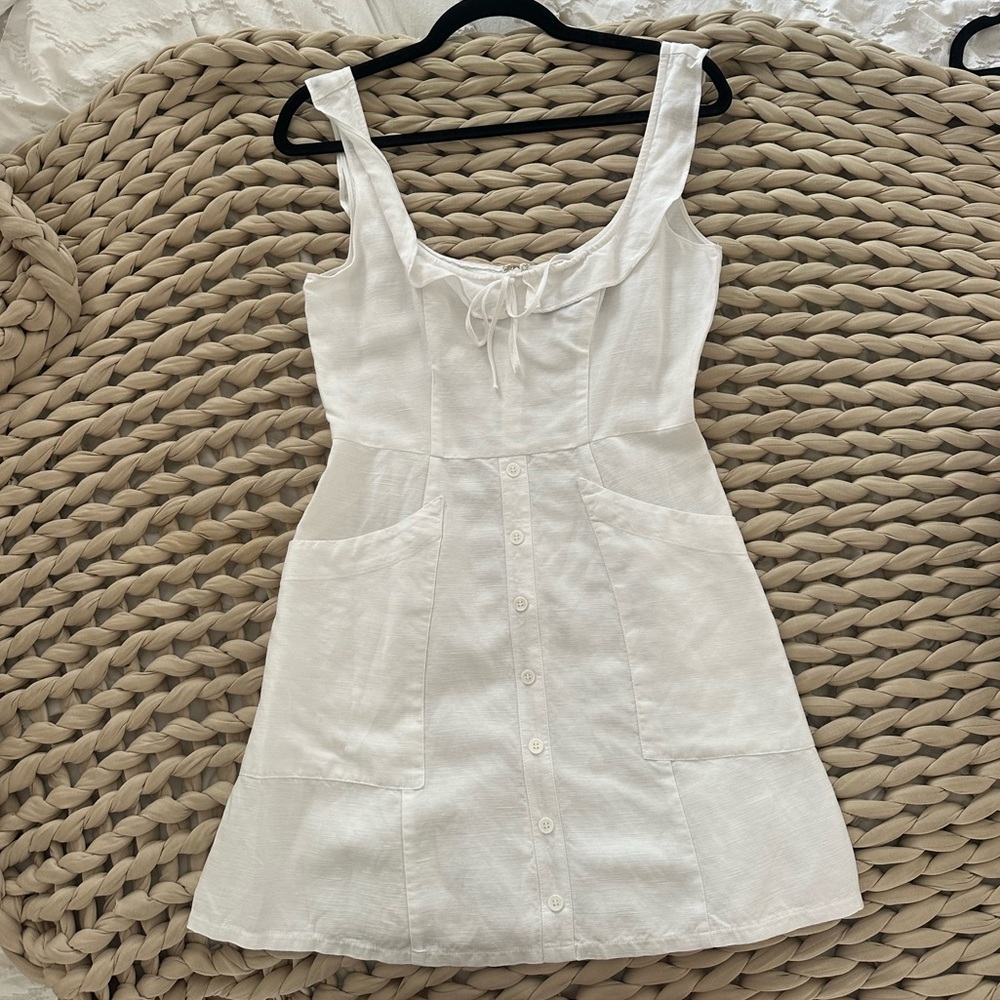 Reformation Linen Blend Mini Dress Low Ruffle Neckline with Pockets